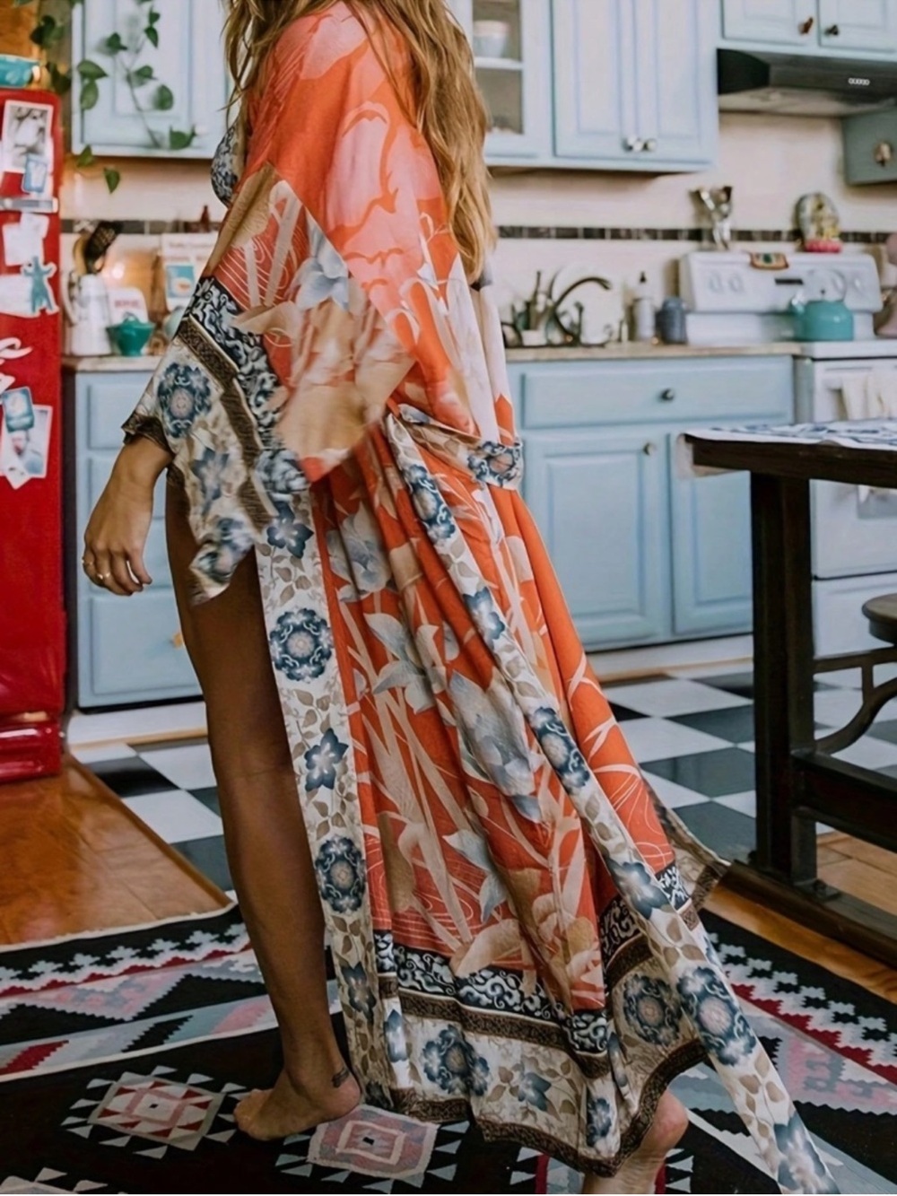 Boho Floral Flamingo Print 3/4 Sleeve Belted Kimono Coverup Duster